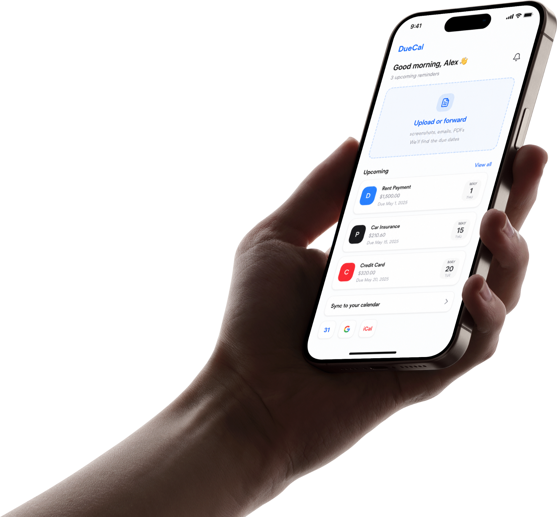 DueCal app shown on a phone